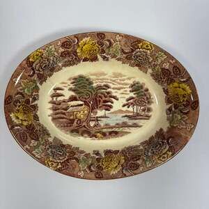 Vintage Nasco Japan Mountain Woodland Oval Serving Bowl